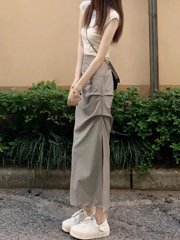 卡其色爆款开叉休闲半身裙女高腰夏季大码时尚显瘦中长款包臀裙子