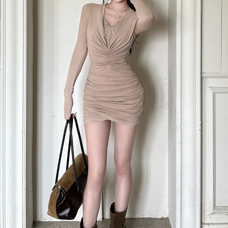 法式辣妹蕾丝收腰显瘦气质高腰褶皱时尚设计感修身包臀裙