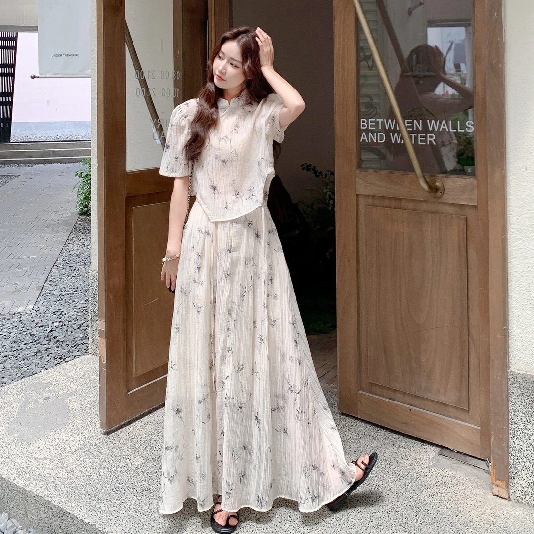 新中式国风印花套装裙女夏2025新款大方得体盘扣上衣半身裙两件套