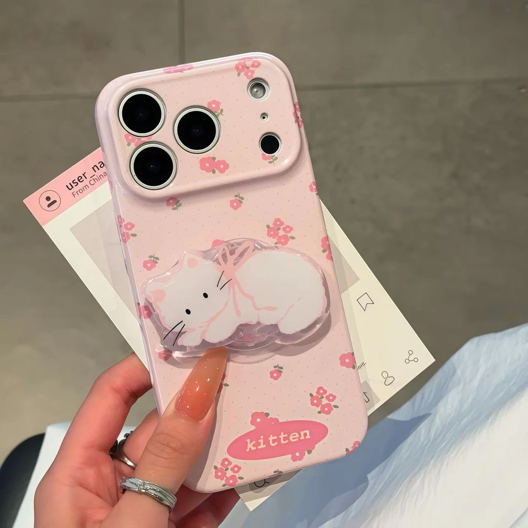 欧克里里温柔粉碎花猫支架适用苹果17/16手机壳华为oppo小米vivo