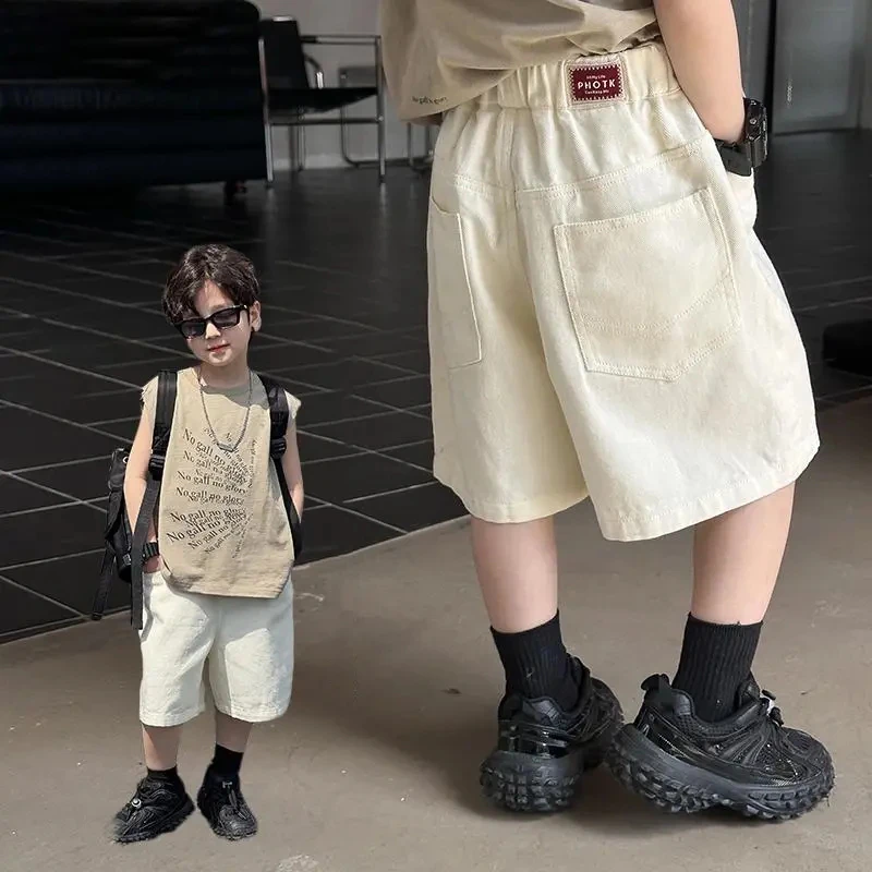 男童米白色短裤儿童夏季薄款五分裤6-12岁中大童百搭宽松直筒中裤