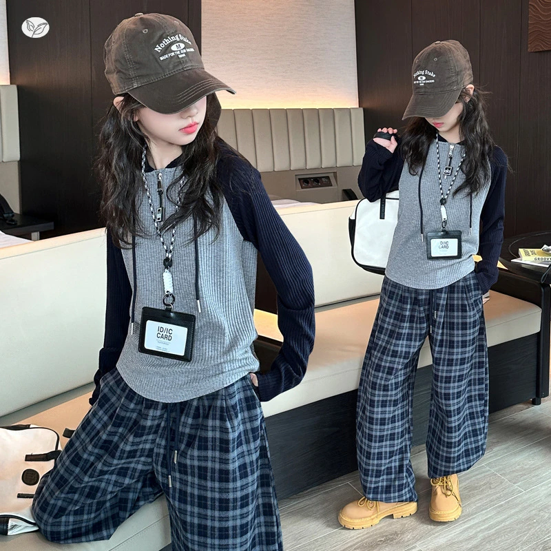 女童T恤套装2025秋季新款长袖内搭打底格子裤阔腿裤直筒裤两件套
