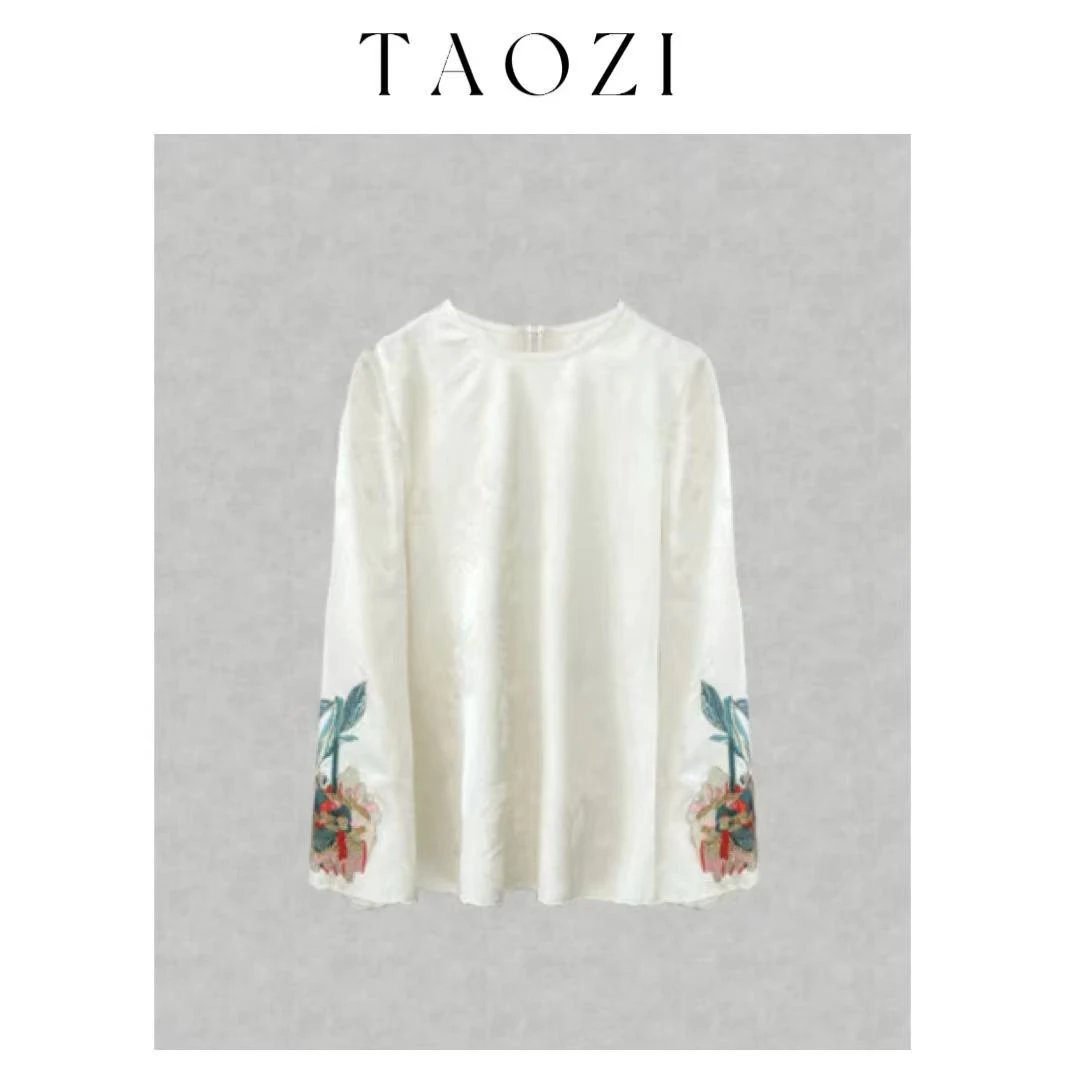 桃子自制 02911 【花开】新中式国风刺绣缎面气质衬衣