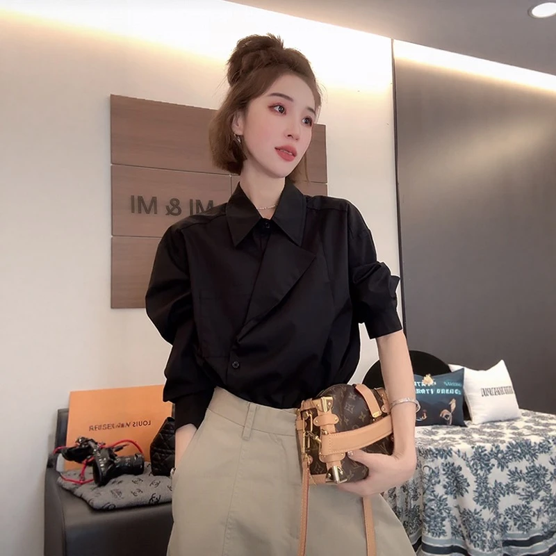 夏季上衣黑色早秋新款法式套装设计师款洋气衬衣+阔腿气质休闲裤