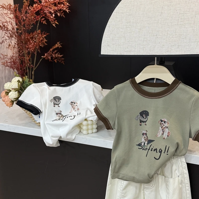 【现货】leomama女童三只小狗短袖夏季休闲T恤小女孩洋气印花上衣