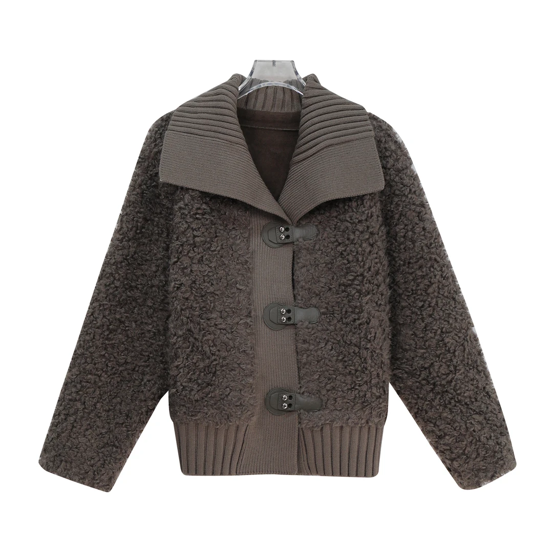 S针织翻领卷卷毛拼接洋气短款加厚外套S5502