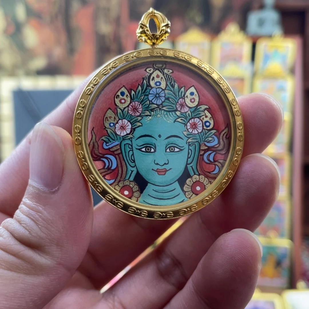 吊坠纯手绘3.5尺寸绿度母唐卡