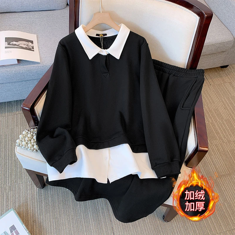 130-320斤大码女装66005冬季胖mm假两件卫衣外套+半身裙加绒套装