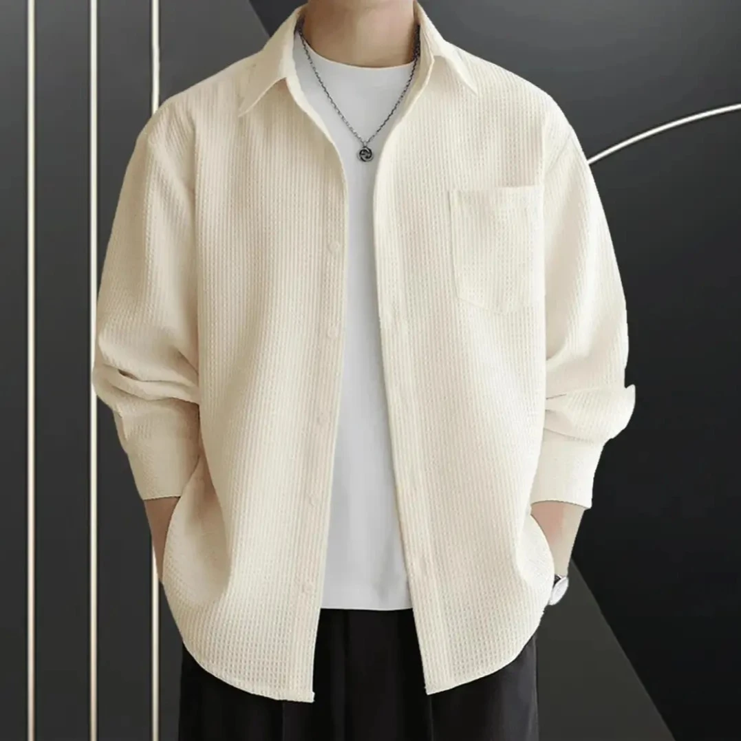 美式复古华夫格衬衫男高级感修身长袖休闲百搭工装衬衣纹格寸衫潮