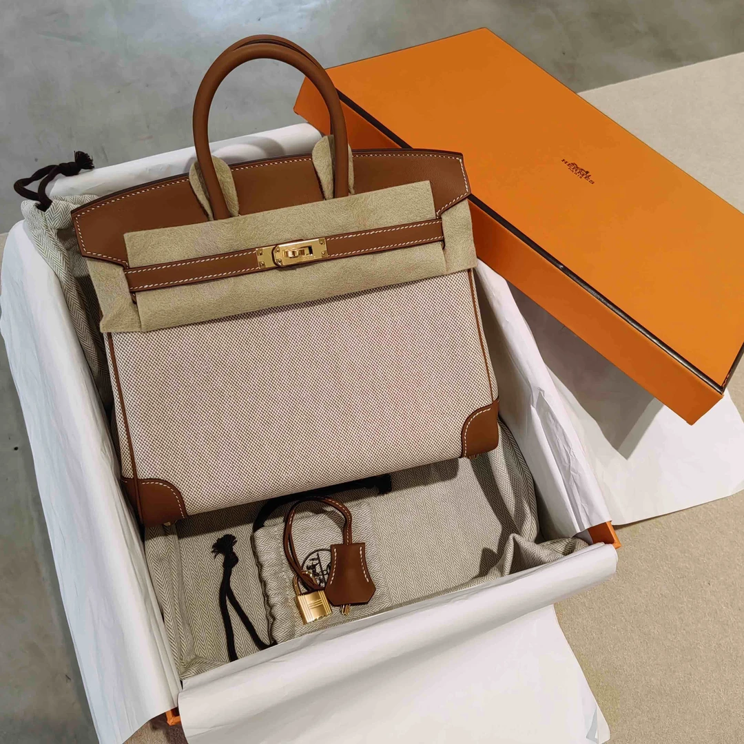 未使用 Hermes/爱马仕 W刻 Birkin25 金棕帆布 金扣 4113