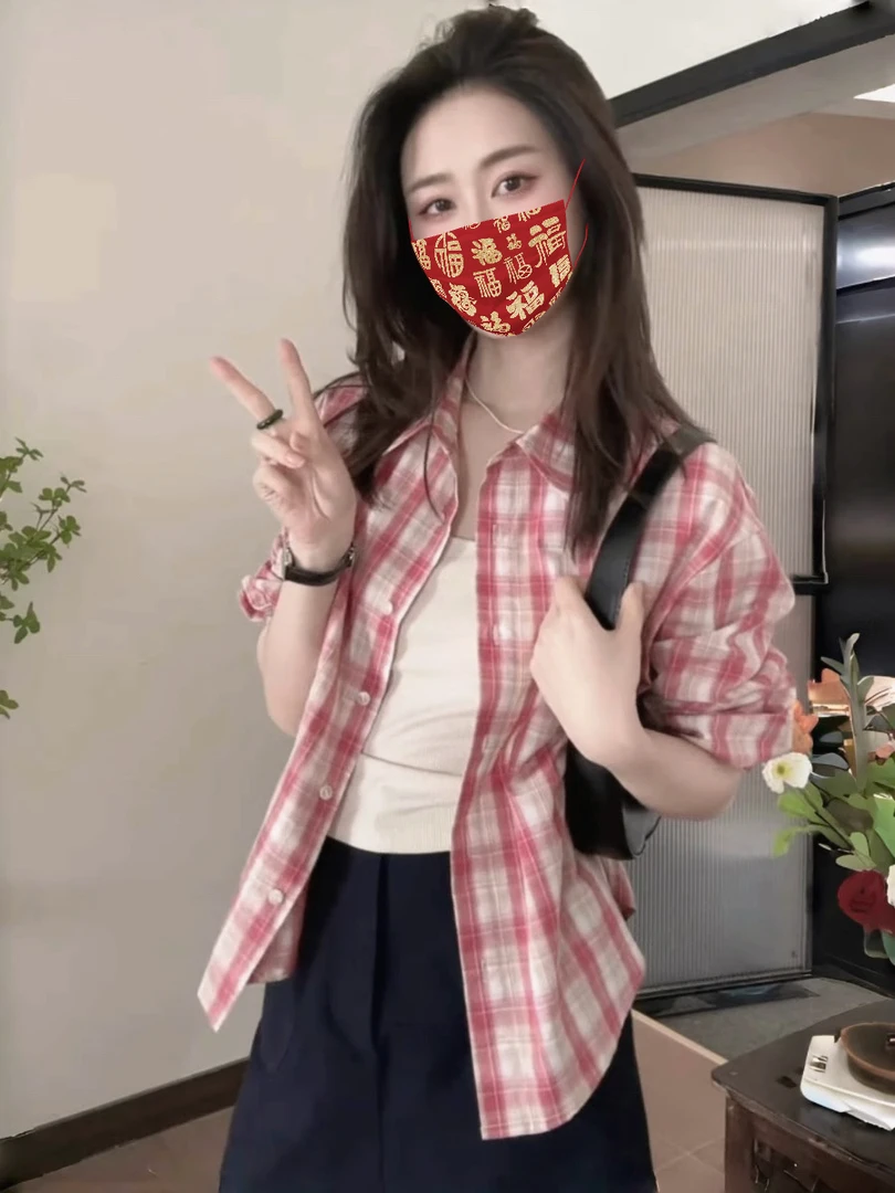 港风复古POLO领格子长袖衬衫春夏新款小个子休闲百搭防晒外套上衣