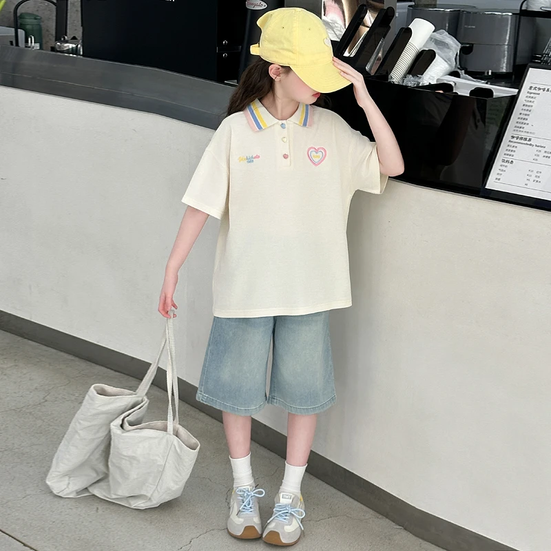女童夏季彩扣短袖套装2025新款洋气女大童夏装t恤儿童牛仔阔腿裤
