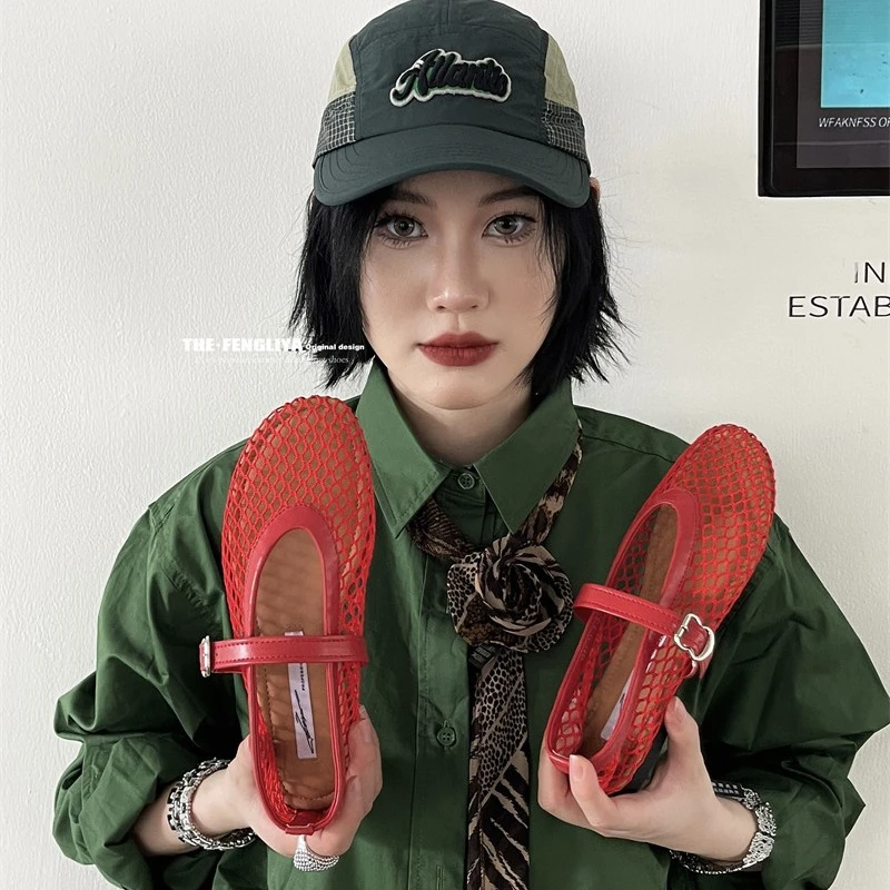 2025春夏新款仙女风网面镂空平底单鞋女玛丽珍芭蕾舞软底晚晚鞋