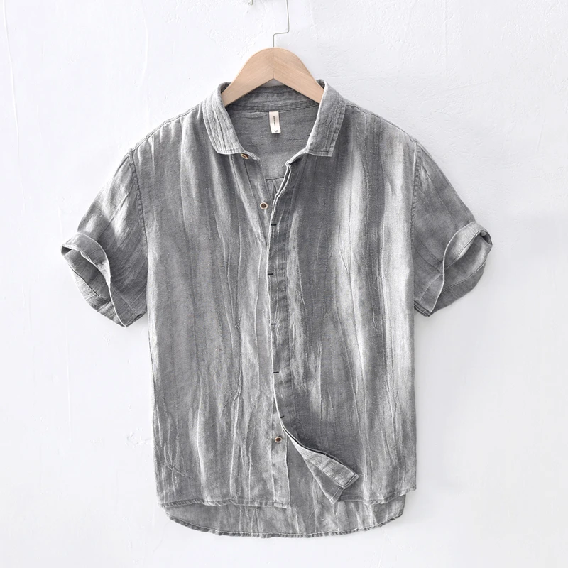 Cebrodz复古短袖亚麻衬衫男士夏季休闲青年透气宽松半袖棉麻衬衣