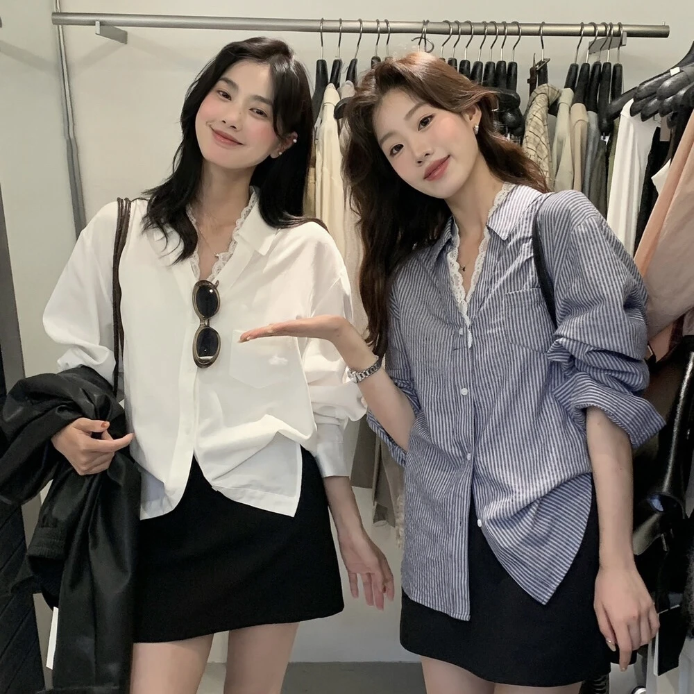 Cute Club 甜美设计感蕾丝拼接V领长袖衬衫秋季宽松休闲通勤上衣