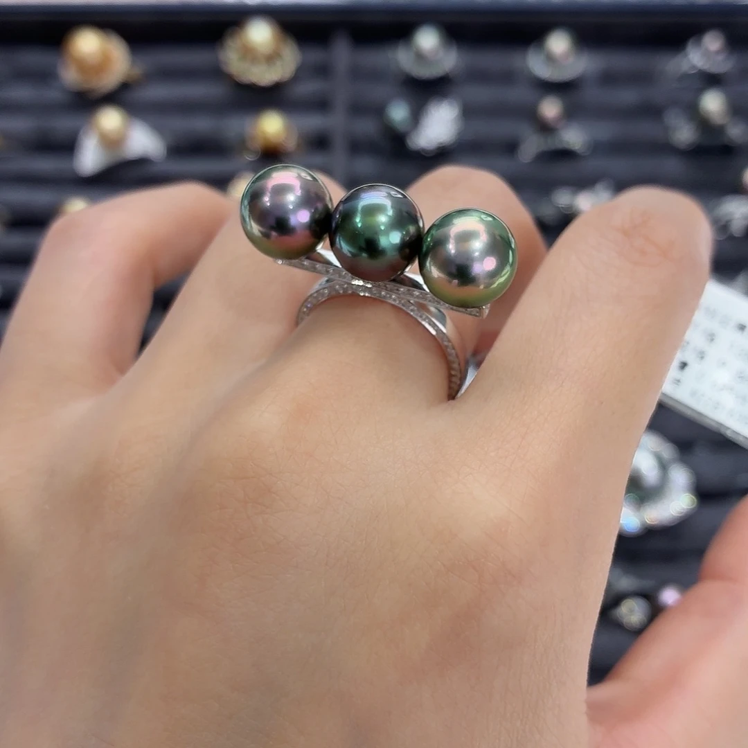 海水珍珠戒指18K金镶嵌9-10mm黑珠