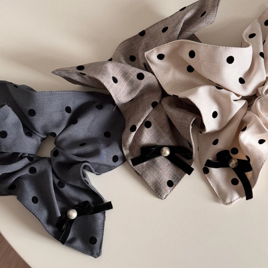 韩版时尚新款植绒波点大方巾发绳丝绒蝴蝶结珍珠大肠发圈气质头绳