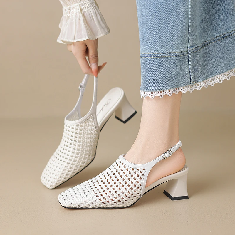 刘叨叨/5CM夏季新款时尚百搭镂空透气凉鞋方头高跟真皮洞洞女鞋