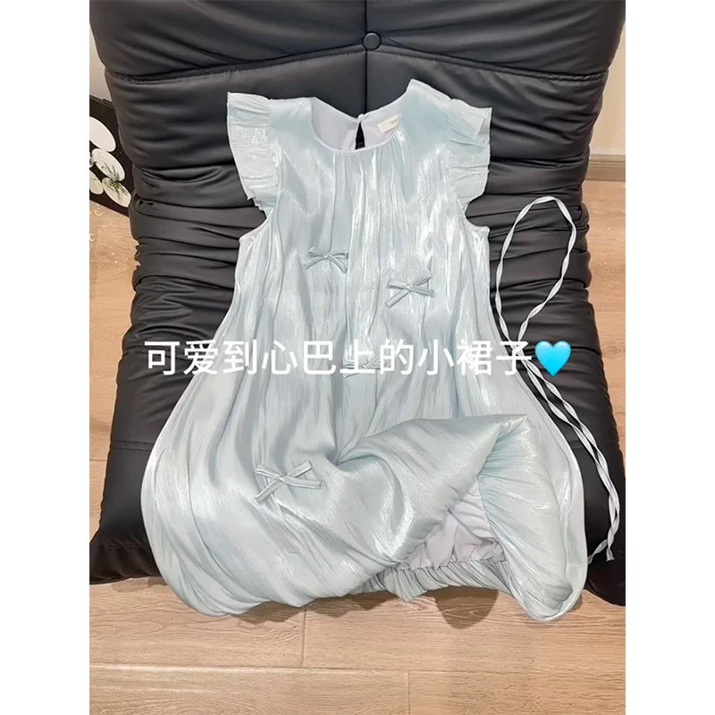 法式蓝色圆领蝴蝶结连衣裙女2025夏季新款时尚修身显瘦好看A字裙