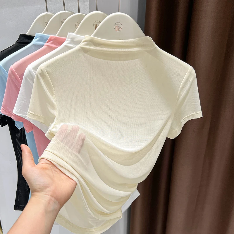 杏色不规则半高领网纱透视T恤打底衫女夏季短袖冰丝新款修身上衣