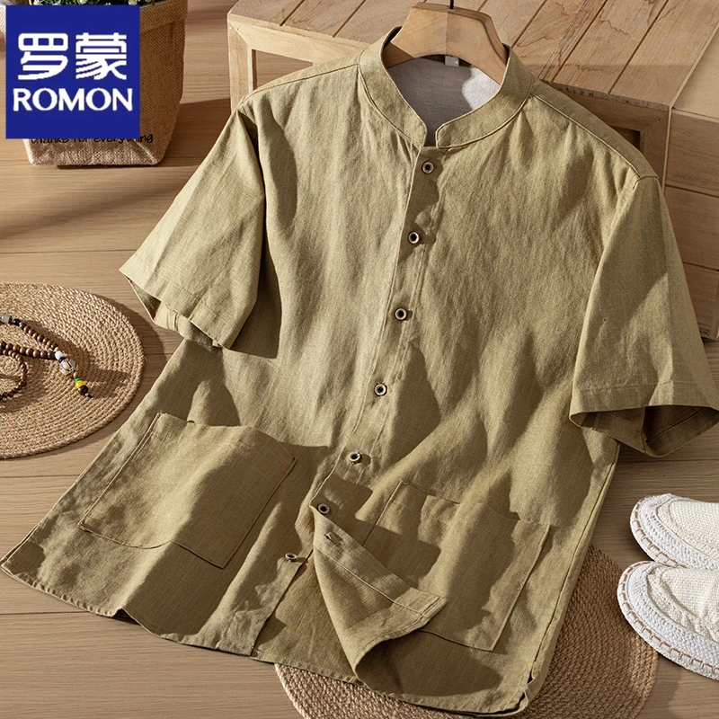 罗蒙2025短袖男中式立领苎麻宽松透气棉麻休闲中国风夏季薄款衬衣