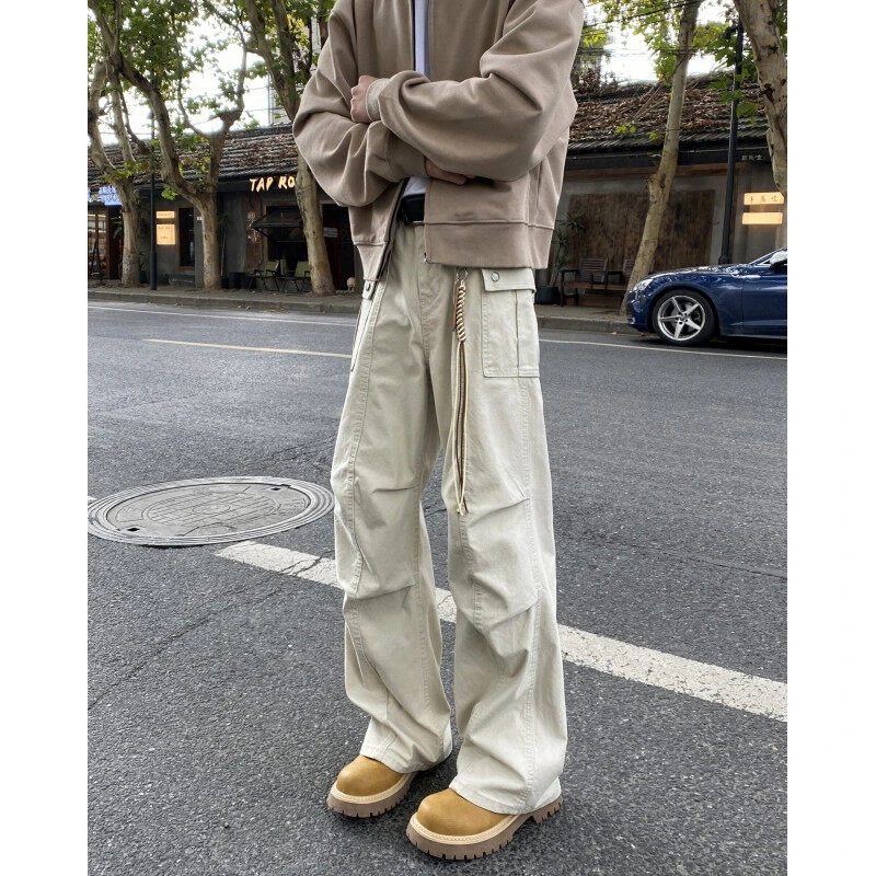 大口袋工装裤男春季新款美式复古水洗做旧褶皱高街宽松直筒休闲裤