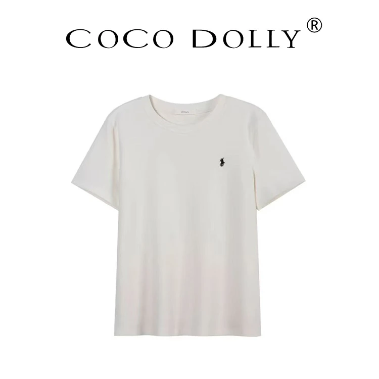 COCO DOLLY（现货）休闲百搭夏季小马刺绣圆领正肩短袖T恤3366-2