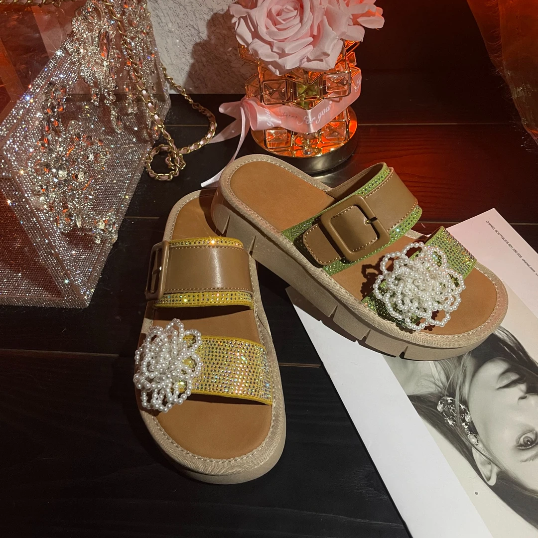 泰古珂儿2025年夏季+7CM新款水钻高奢软底玛丽珍拖鞋网红时尚厚底