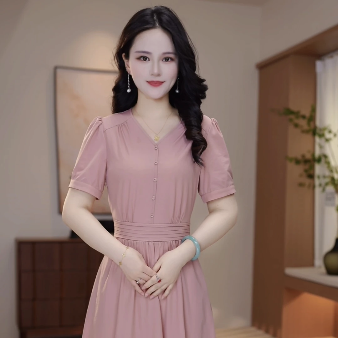 【XY-167】夏季短袖连衣裙优雅气质时尚减龄收腰显瘦