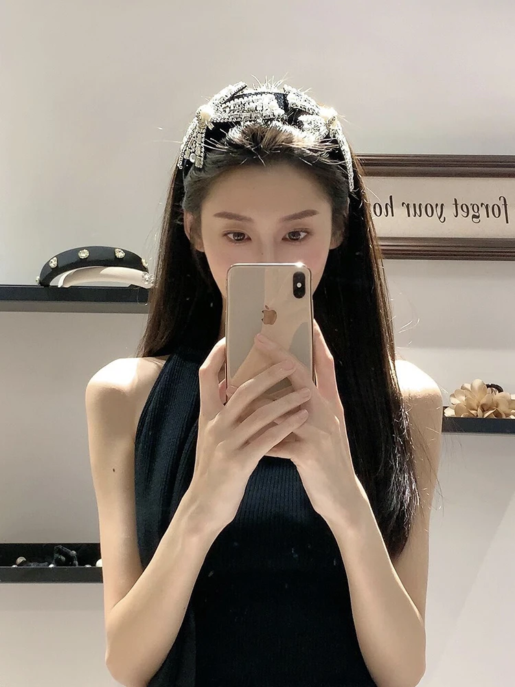 超闪重工满钻珍珠蝴蝶结发箍复古高颅顶压发头箍气质轻奢发卡头饰