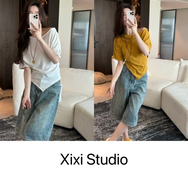 【西西】夏季凉感斜肩短袖T恤