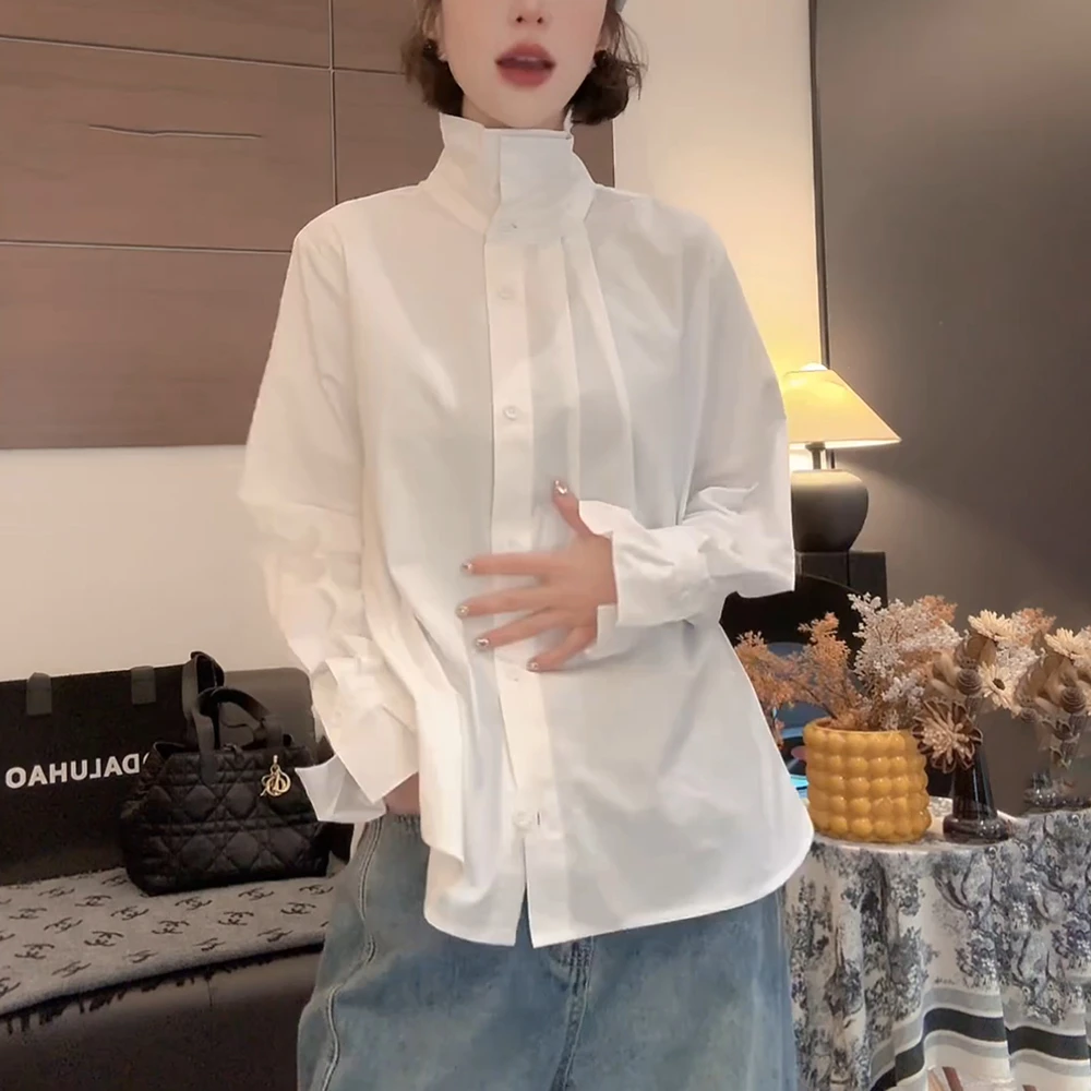法式白色长袖衬衫女2025秋季高级感减龄洋气内搭叠穿高领衬衣上衣