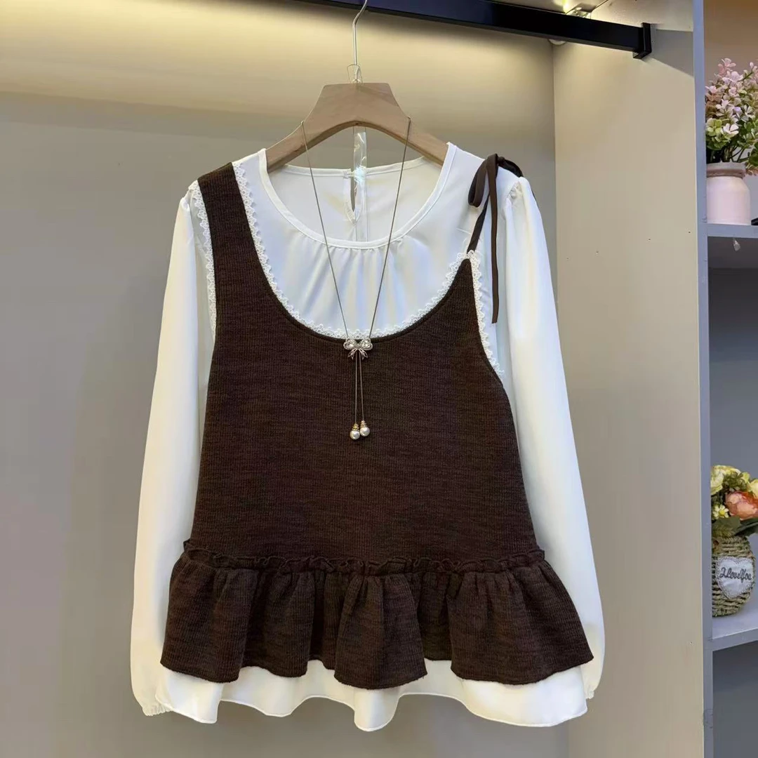 假两件拼接长袖衬衫女春秋宽松显瘦洋气荷叶边上衣