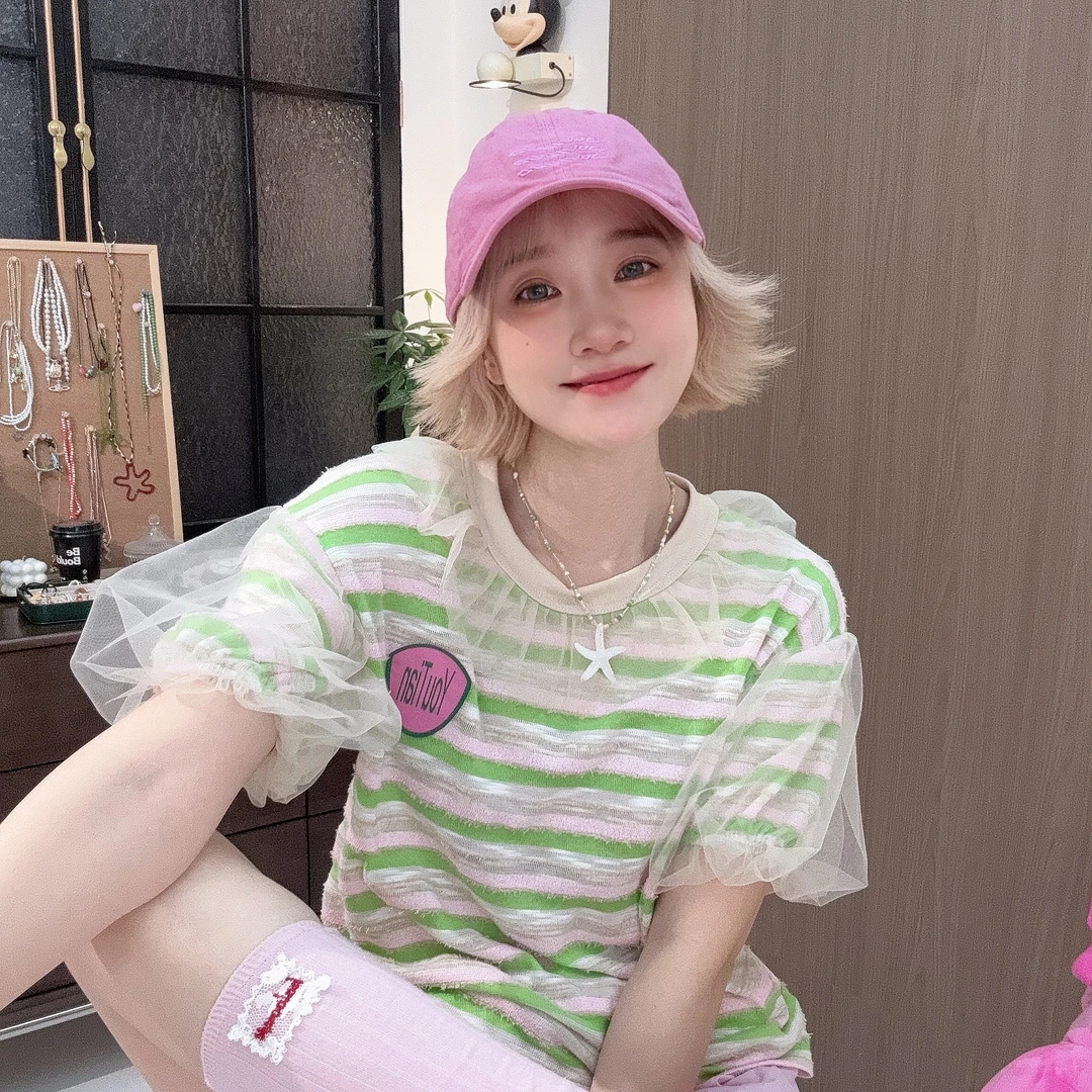 Apr.【西柚泡泡】显白条纹圆领网纱拼接夏季凉爽小众时尚T恤24F024