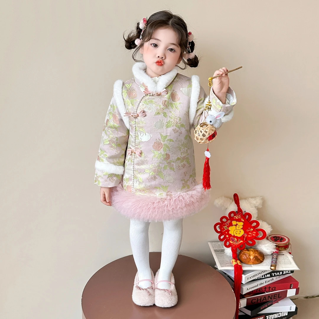 女童拜年服2025新款新中式儿童汉服加绒加厚女宝国风过年冬季旗袍