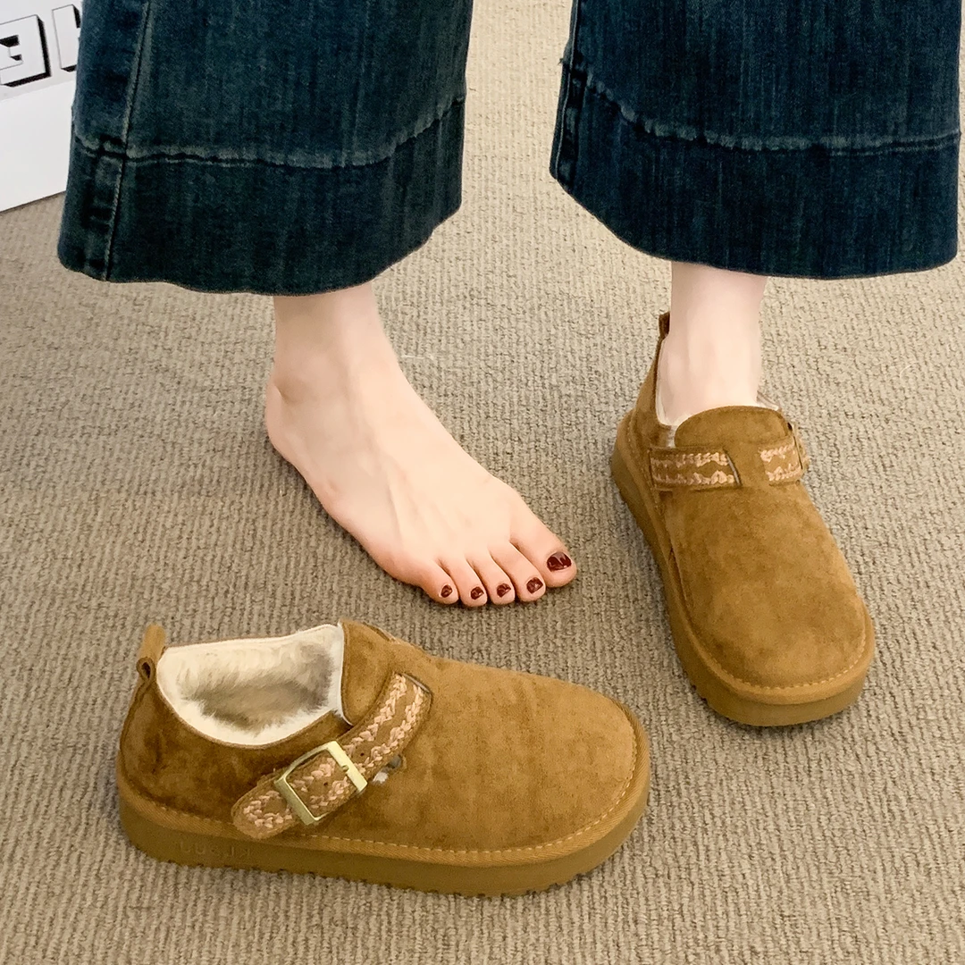 软平底勃肯鞋女加绒豆豆鞋子2025新款秋冬保暖乐福棉鞋低帮雪地靴