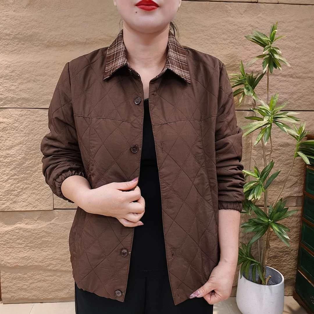 2025春季新款妈妈装外套翻领薄款菱形格长袖宽松时尚洋气中老年女
