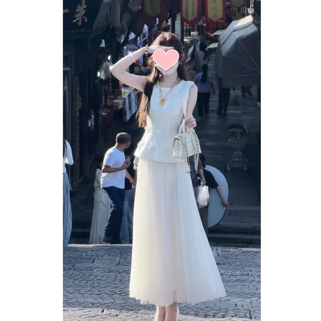 2025年新中式气质无袖背心上衣+温柔风半身裙两件套装女夏季