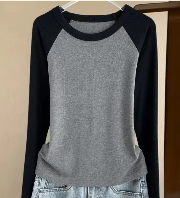 大码哺乳上衣外穿显瘦拼色长袖T恤女插肩袖圆领喂奶衣内搭打底衫