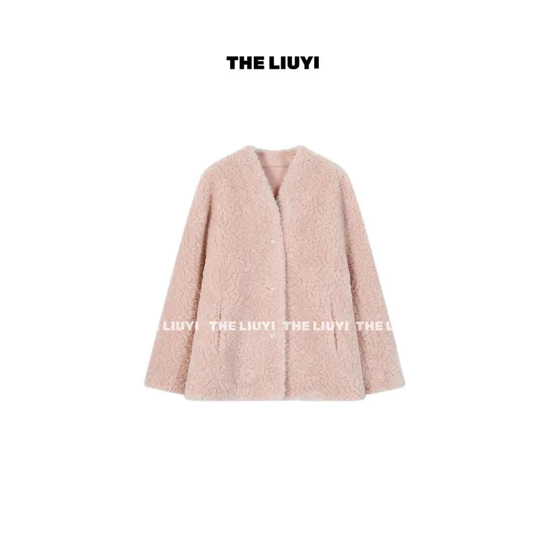 【LIUYI】粉黛~冬季保暖V领显瘦大版毛毛外套512143