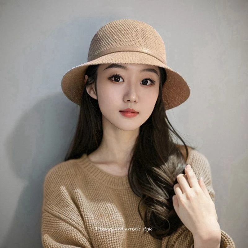 皮扣款遮阳帽女春秋夏季出游小沿卷边礼帽透气薄款盆帽防晒渔夫帽