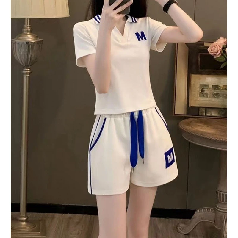 欧货时髦小个子休闲运动套装女士夏季短款polo跑步短裤短袖两件套