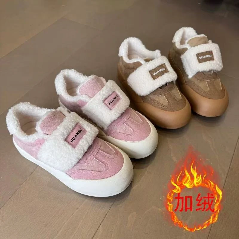 日系松糕厚底小白鞋女2024新款加绒保暖百搭学生毛毛棉鞋-3300M