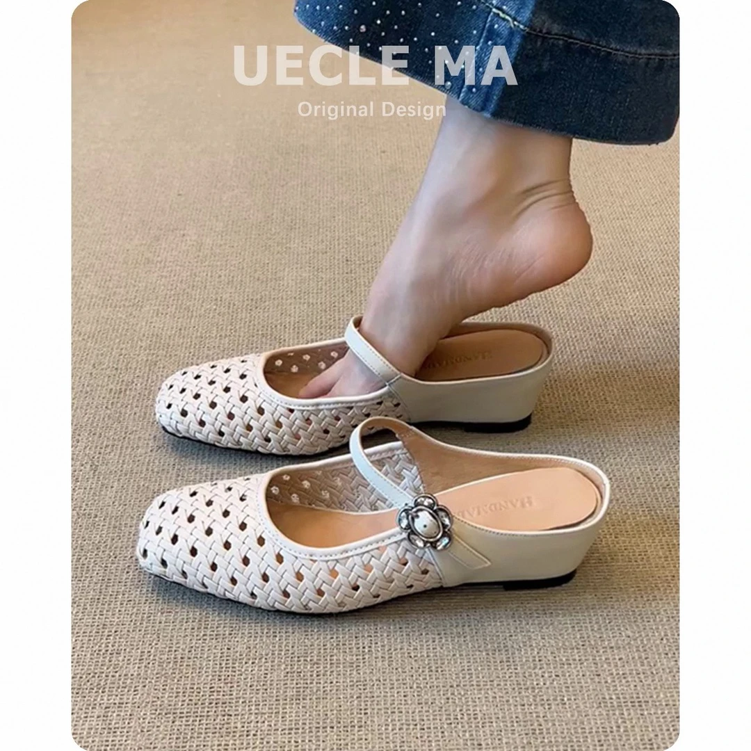 羊皮~包头半拖鞋女外穿内增高勃肯洞洞凉鞋一脚蹬编织镂空穆勒鞋