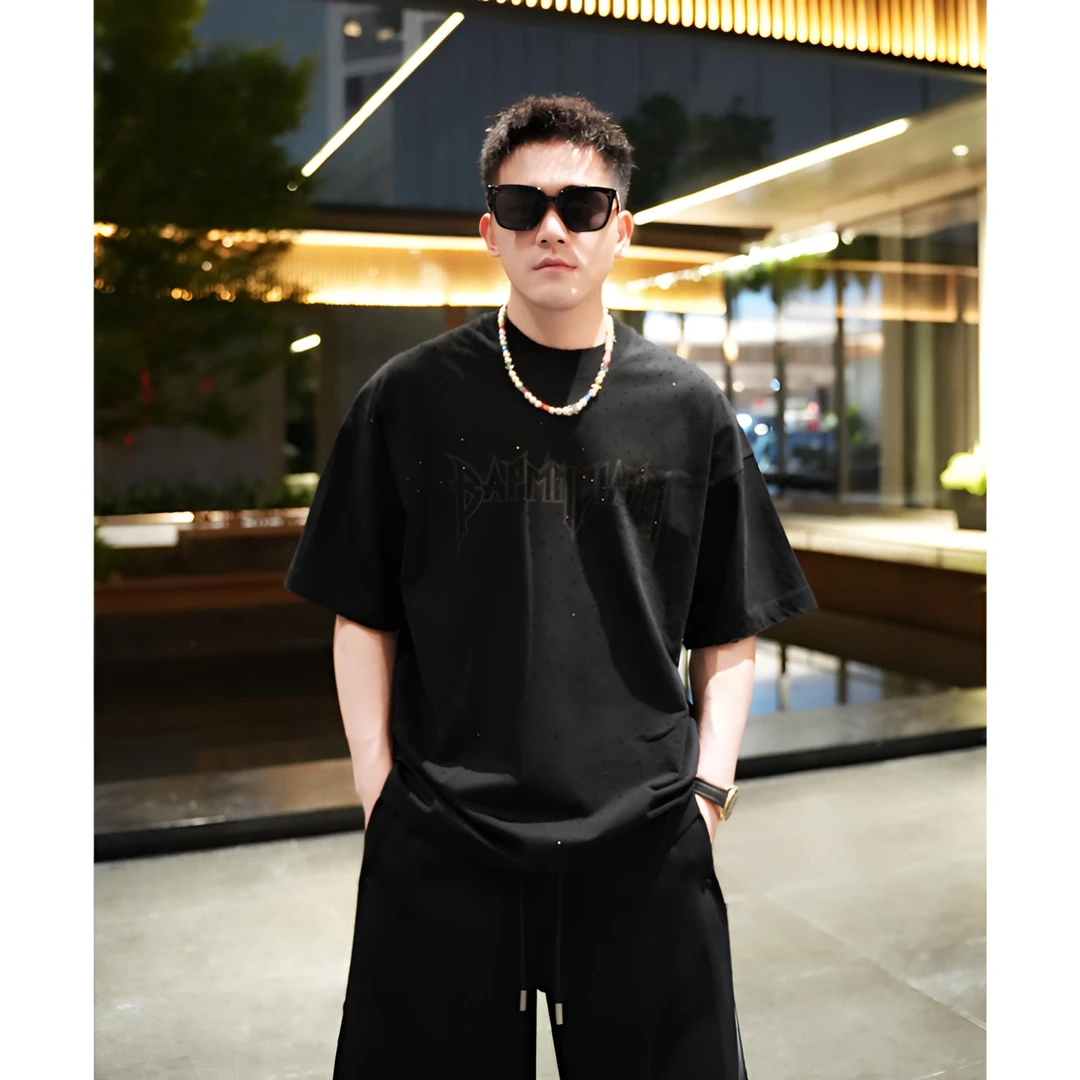 2025夏季新品设计感烫钻休闲圆领重磅短袖T恤男潮流宽松美式半袖