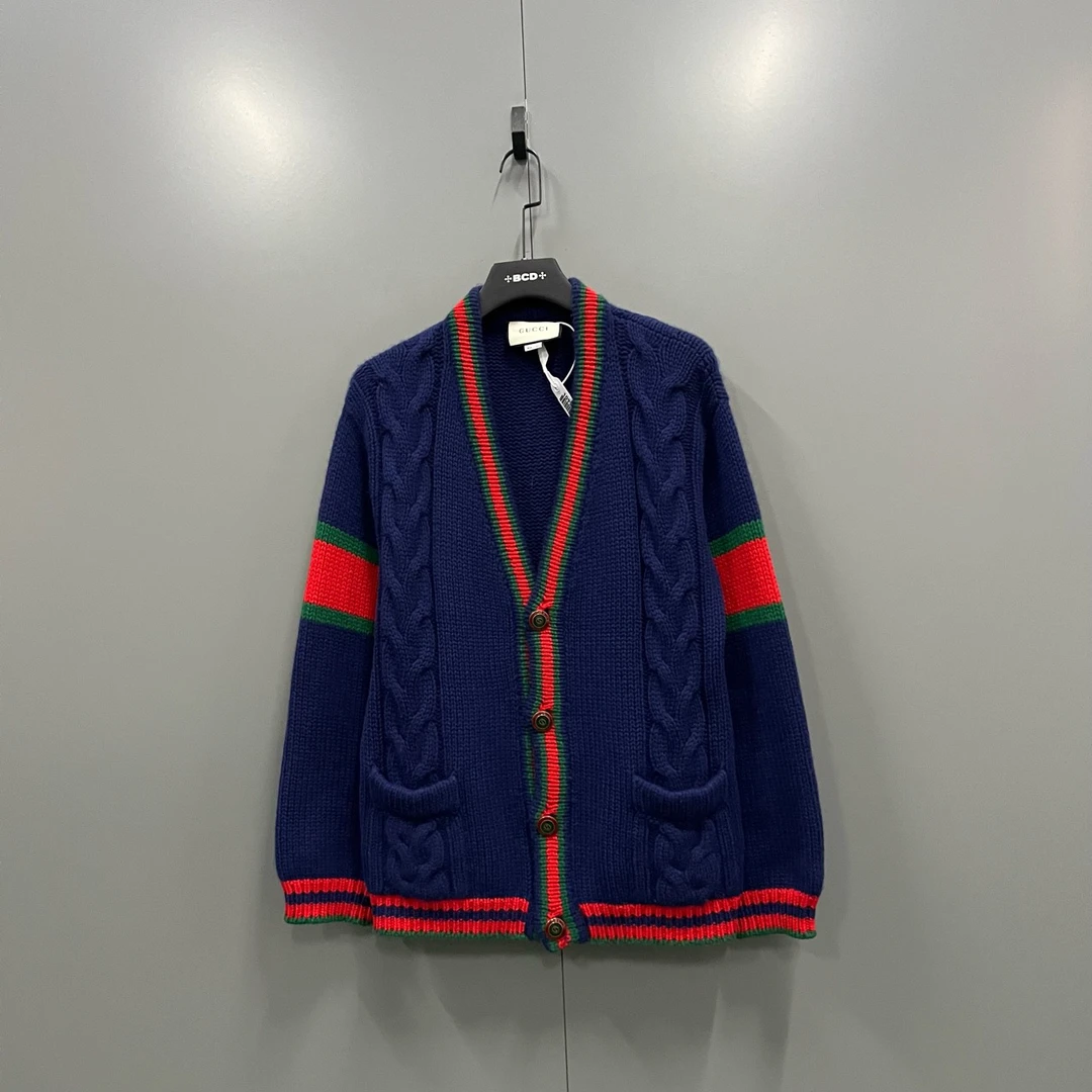 95新 GUCCI/古驰 (ll) 红绿条纹描边针织开衫 S码/206120