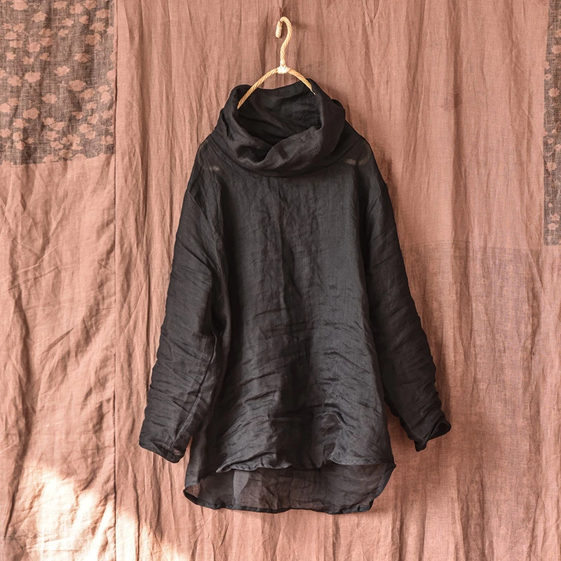 原中式创自制春秋款文艺苎麻堆堆领女式打底衫休闲宽松苎麻上衣