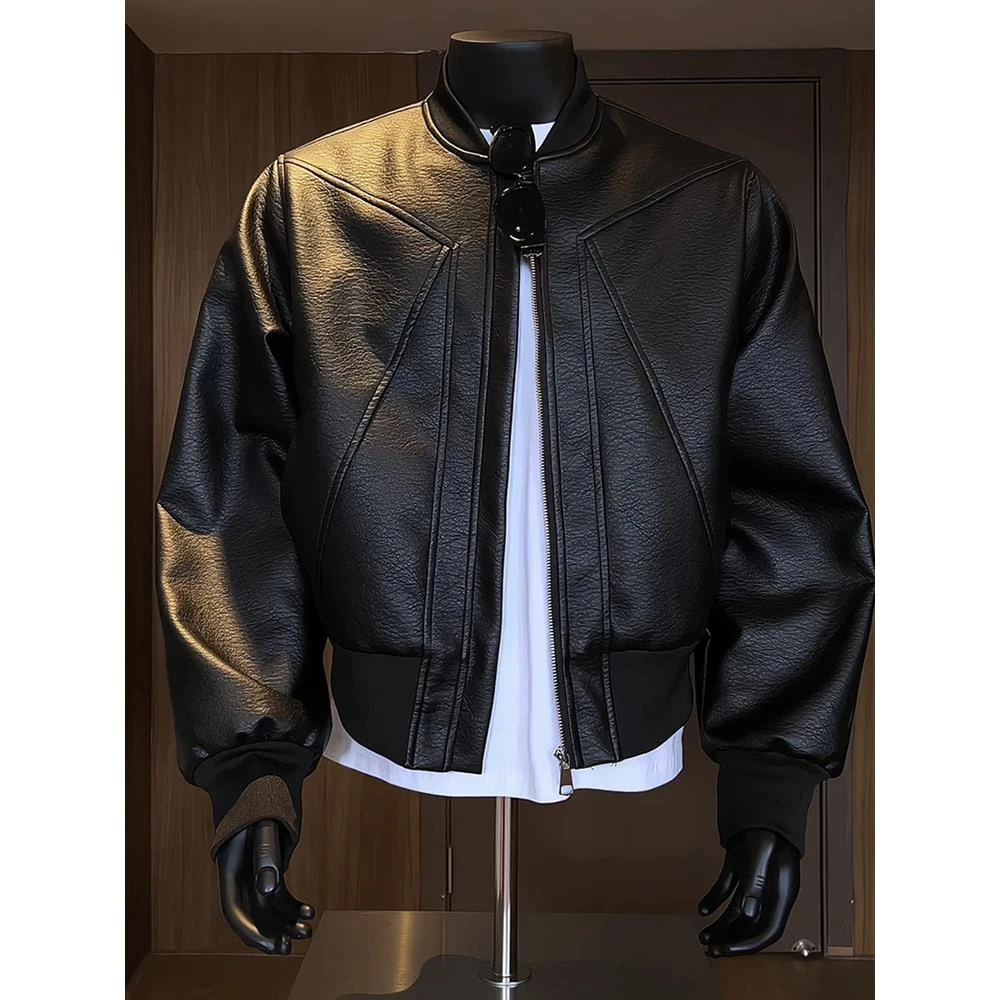 痞帅高级感短款红内夹克黑色美式pu皮衣外套男秋春正肩boxy机车服