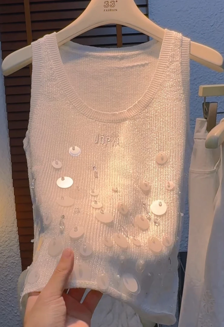 E558#夏季新款设计感亮片点缀圆领无袖针织减龄洋气背心上衣