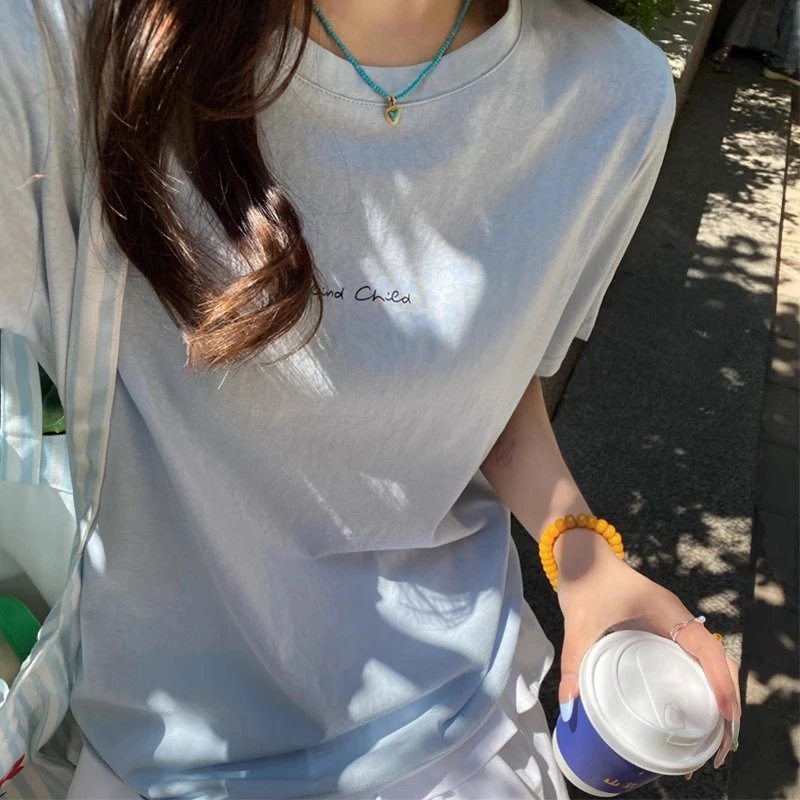 蓝色圆领印花正肩短袖T恤女2025夏季超火薄款宽松上衣